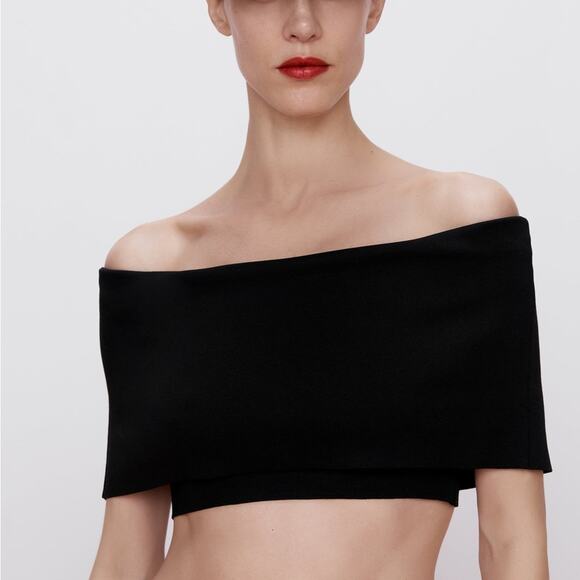 ZARA Ribbed Foldover Crop Top Size S in Black - Picture 4 of 10